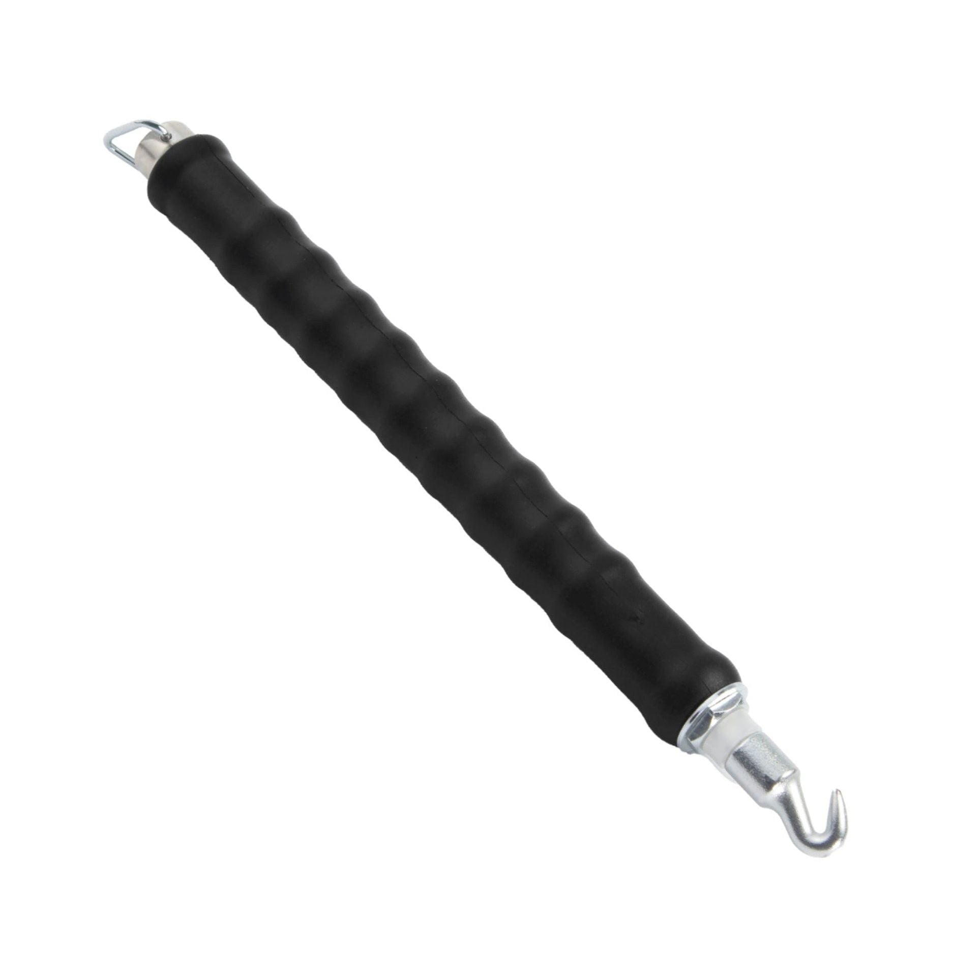 The Grip-Rite GRIP-RITE BTTAEAR Automatic Bar Tie Twister, with black rubber and durable steel construction, features metal hooks at both ends. It sits on a white background, reminiscent of an essential auto twist tool.
